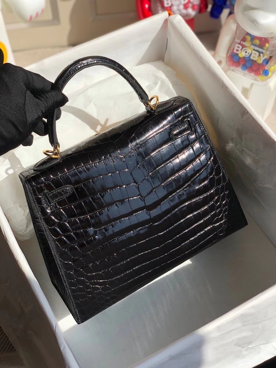 Hermès（爱马仕）Kelly 25cm Crocodile shiny 亮面鳄鱼 ck89 黑色 Noir  金扣 顶级手缝 拱珠现货