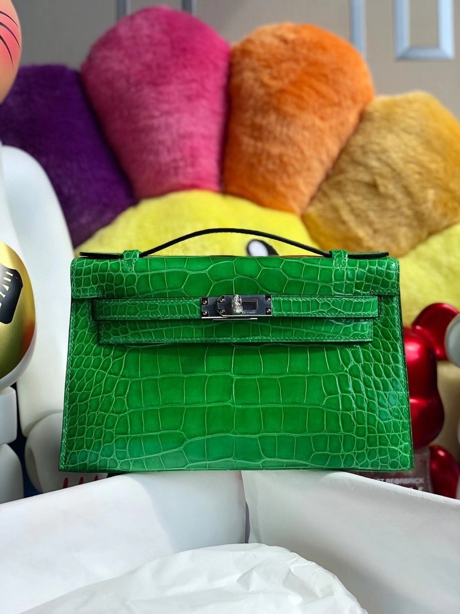 Hermès（爱马仕）Mini kelly pochette 22cm Alligator shiny 亮面鳄鱼 1L仙人掌绿 银扣 顶级手缝 晚宴包 现货