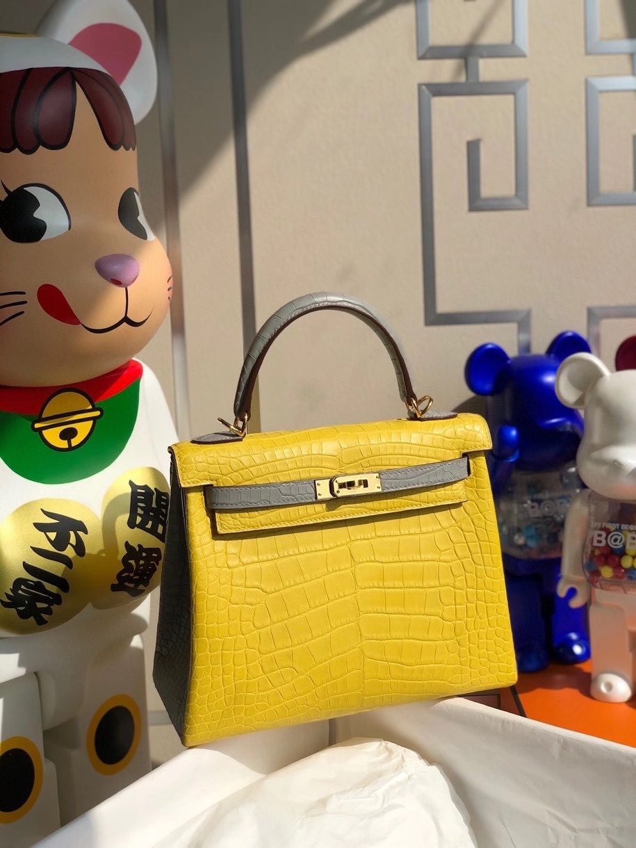 Hermès（爱马仕）Kelly 25cm Alligator matt 雾面鳄鱼 M9 金盏花黄拼4Z海鸥灰 金扣 马蹄印 顶级手缝 现货