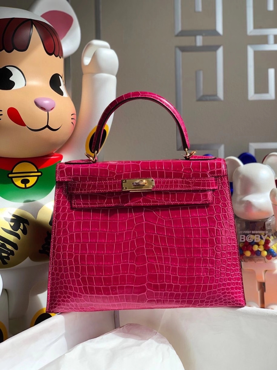 Hermès（爱马仕）Kelly 28cm porosus shiny 亮面澳洲湾鳄 桃红 金扣 顶级手缝 现货