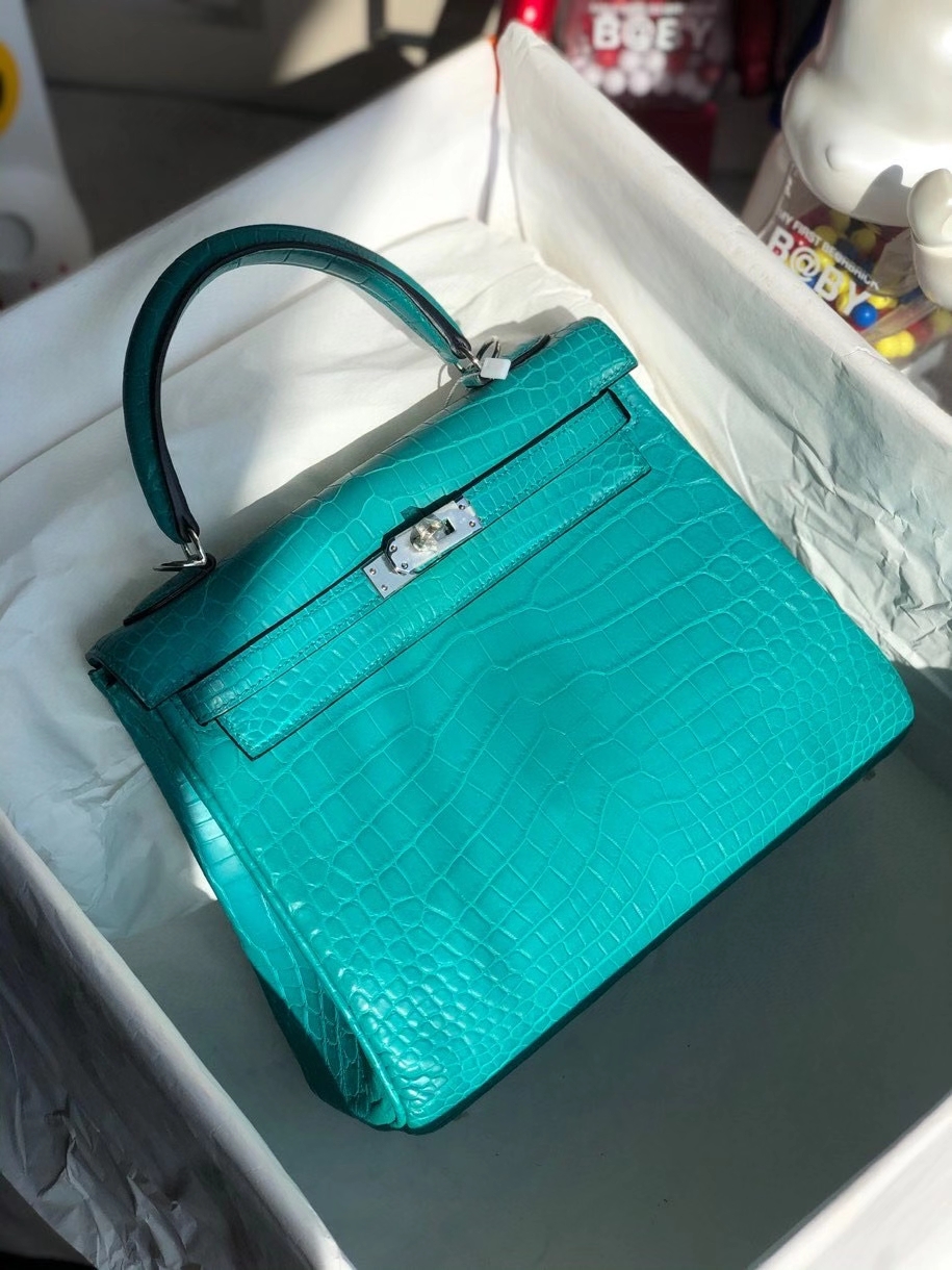 Hermès（爱马仕）Kelly 25cm Crocodile matt 雾面鳄鱼 7F孔雀蓝 银扣 顶级手缝 现货