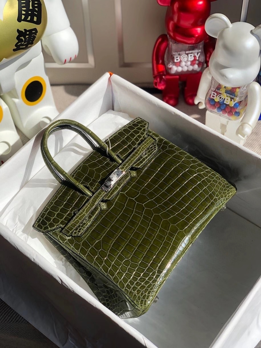 Hermès（爱马仕）Birkin 25cm Crocodile shiny 亮面鳄鱼 6H 橄榄绿 银扣 顶级手缝 品相完美 现货
