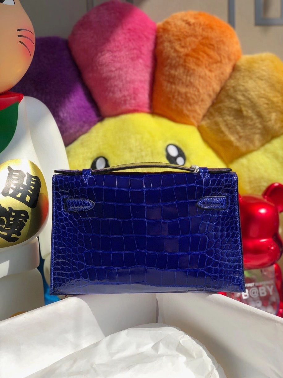 Hermès（爱马仕）Mini kelly pochette 22cm Alligator shiny 亮面鳄鱼 7T 电光蓝 金扣 顶级手缝 晚宴包 现货