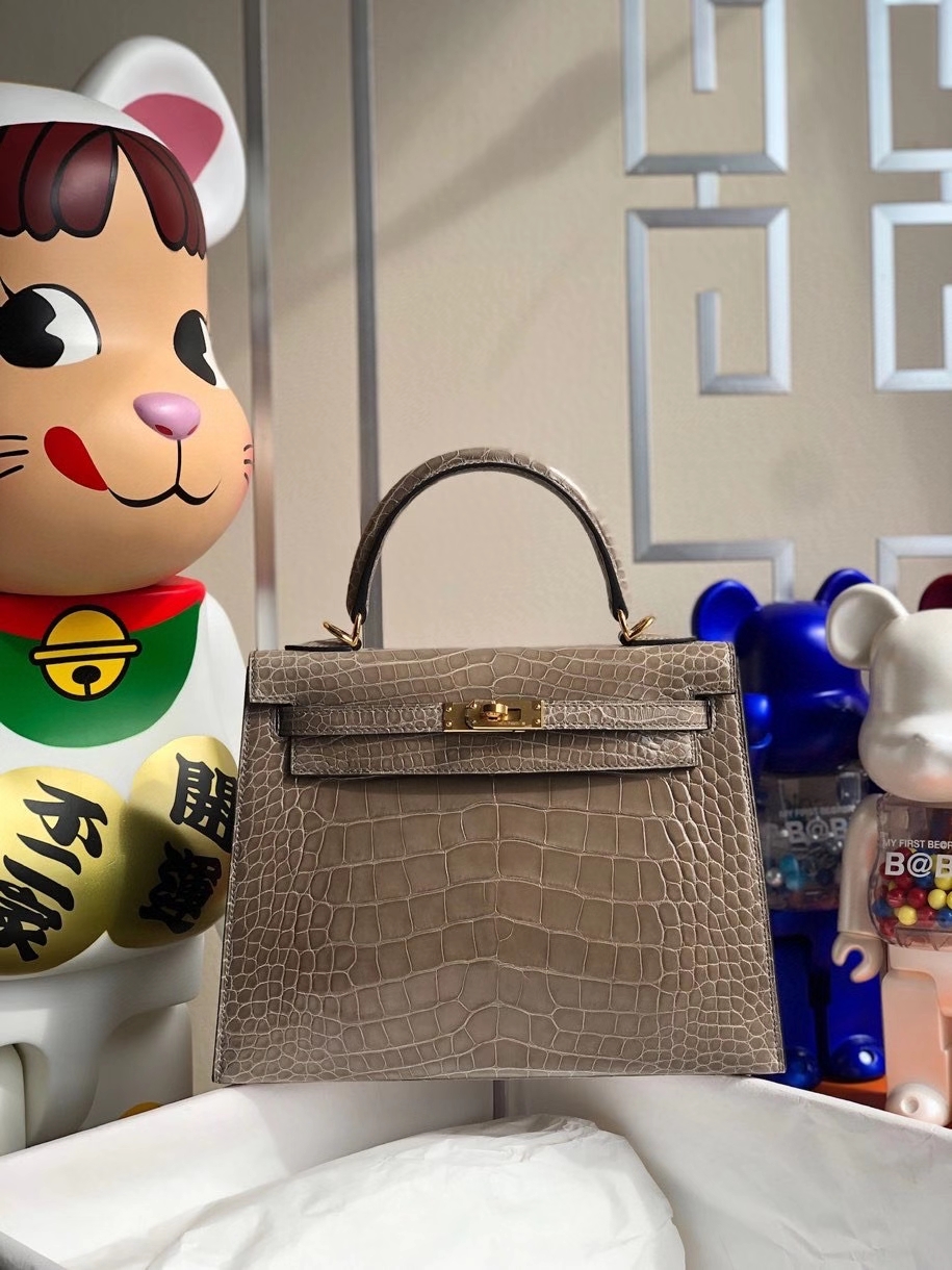 Hermès（爱马仕）Kelly 25cm Alligator shiny 亮面鳄鱼 ck81 斑鸠灰 金扣 顶级手缝  现货