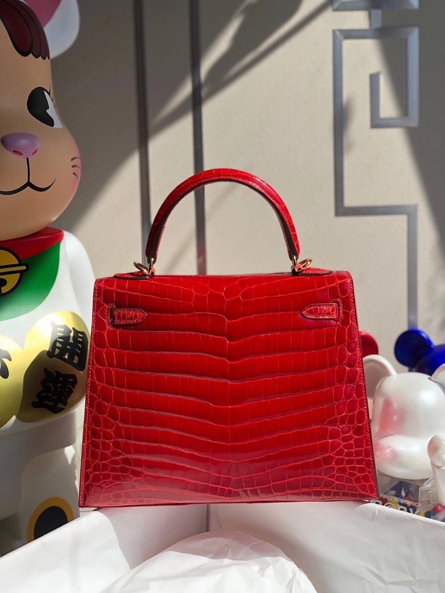 Hermès（爱马仕）Kelly 25cm Crocodile shiny 亮面鳄鱼  ck95 法拉利红 金扣 顶级手缝 现货