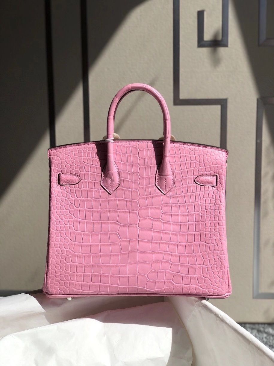 Hermès（爱马仕）Birkin 25cm Porosus matt 雾面澳洲湾鳄  5p 樱花粉 银扣 顶级手缝 品相完美 现货