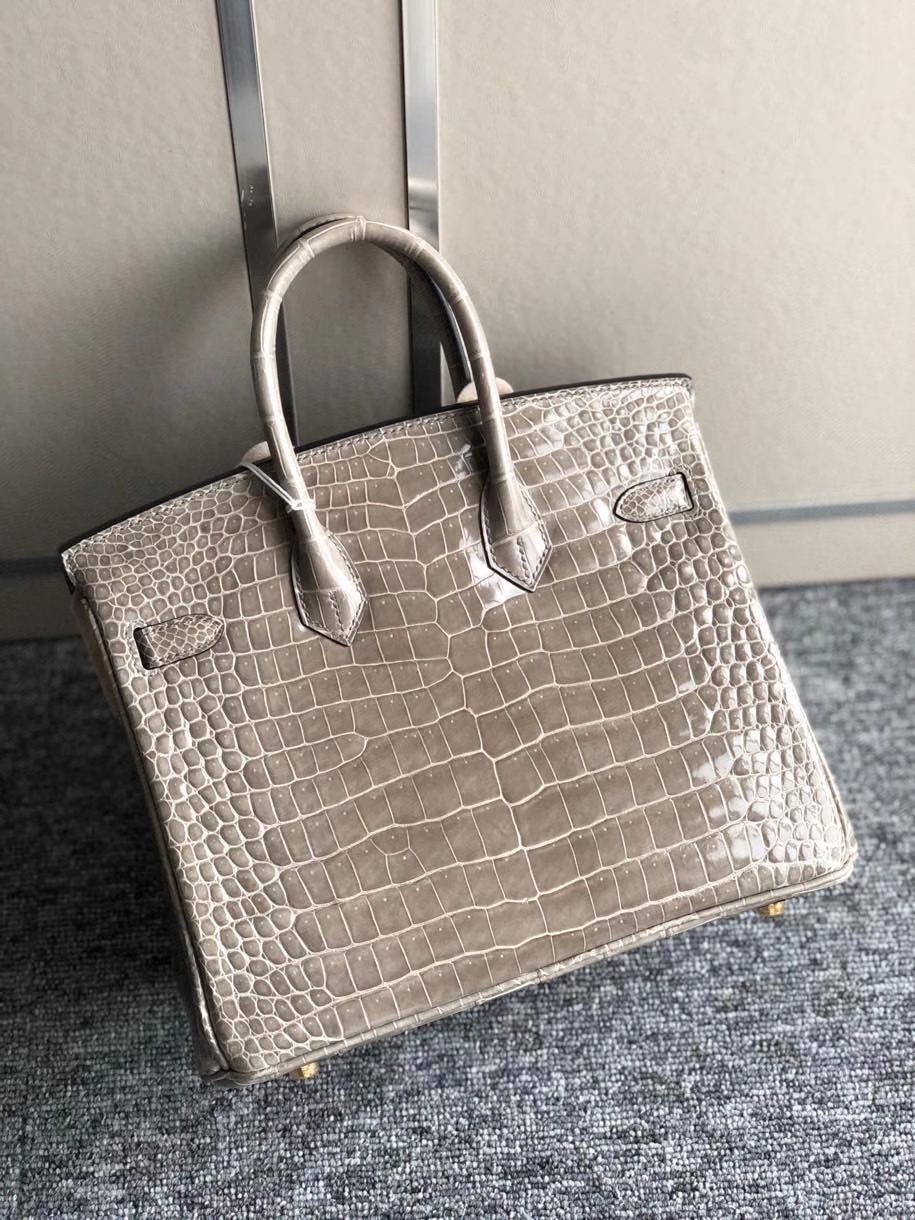 Hermès（爱马仕）Birkin 25cm Porosus shiny 亮面澳洲湾鳄 Ck81 斑鸠灰 Gris T 金扣 顶级手缝 现货