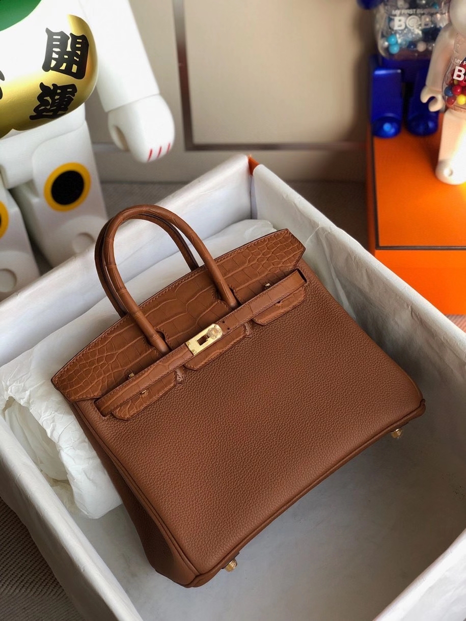 Hermès（爱马仕）Touch系列 Birkin 25cm 金棕色拼雾面棕色鳄鱼 金扣 顶级手缝 定制