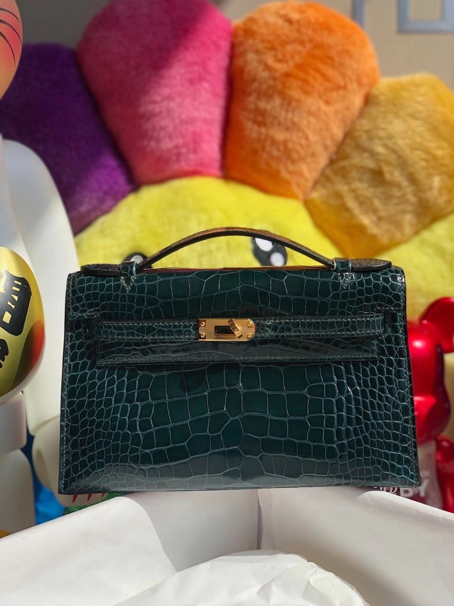 Hermès（爱马仕）Mini kelly pochette 22cm Alligator shiny 亮面鳄鱼 1p 鸭子绿 金扣 顶级手缝 晚宴包 现货