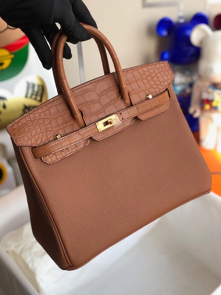 Hermès（爱马仕）Touch系列 Birkin 25cm 金棕色拼雾面棕色鳄鱼 金扣 顶级手缝 定制