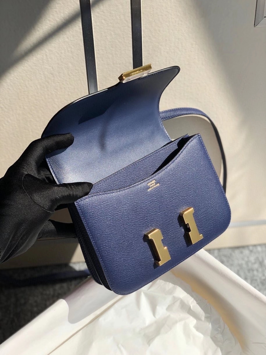 Hermès（爱马仕）Constance 18cm Epsom 原厂掌纹皮 7k 宝石蓝 金扣 顶级手缝 现货