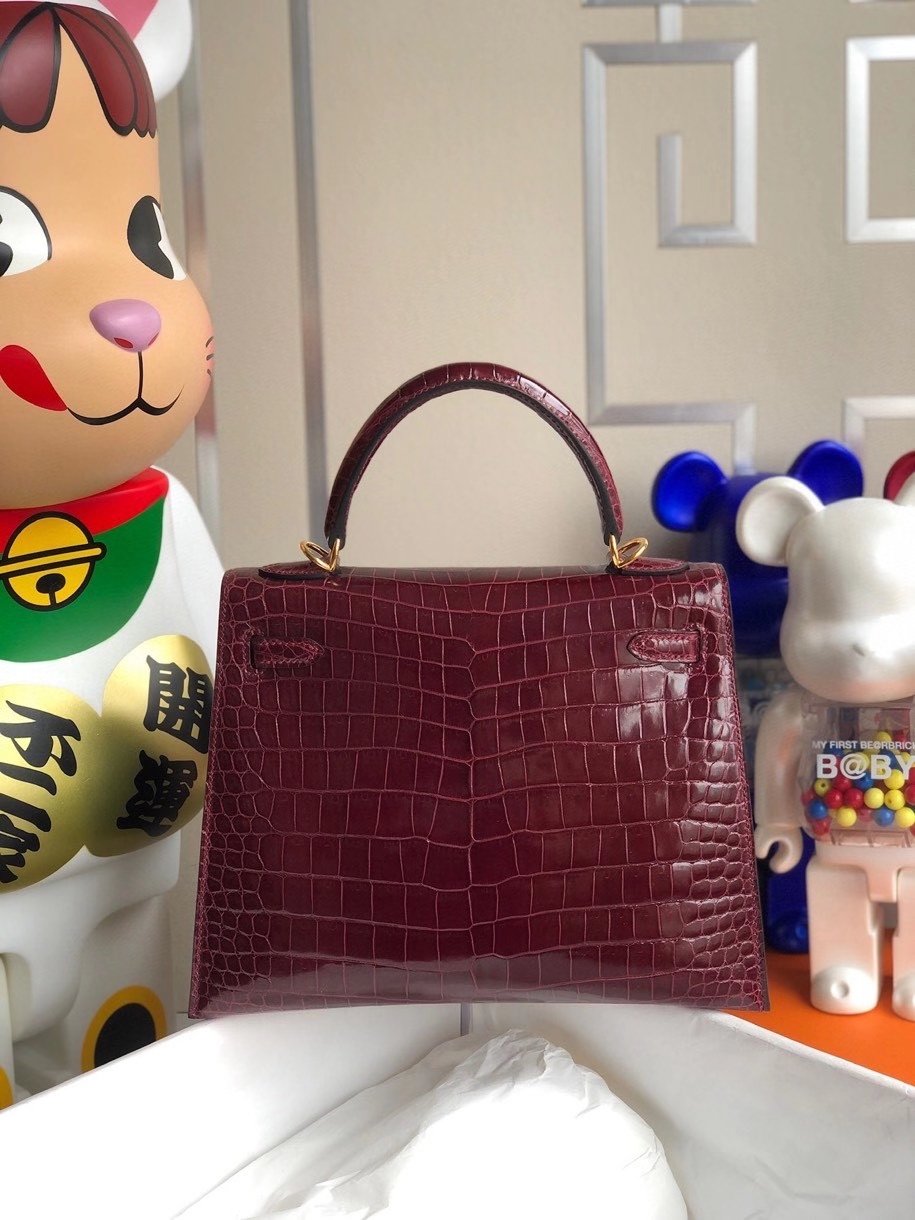 Hermès（爱马仕）Kelly 25cm Porosus shiny 亮面澳洲鳄鱼 ck57 波尔多酒红 Bordeaux 金扣 顶级手缝 现货
