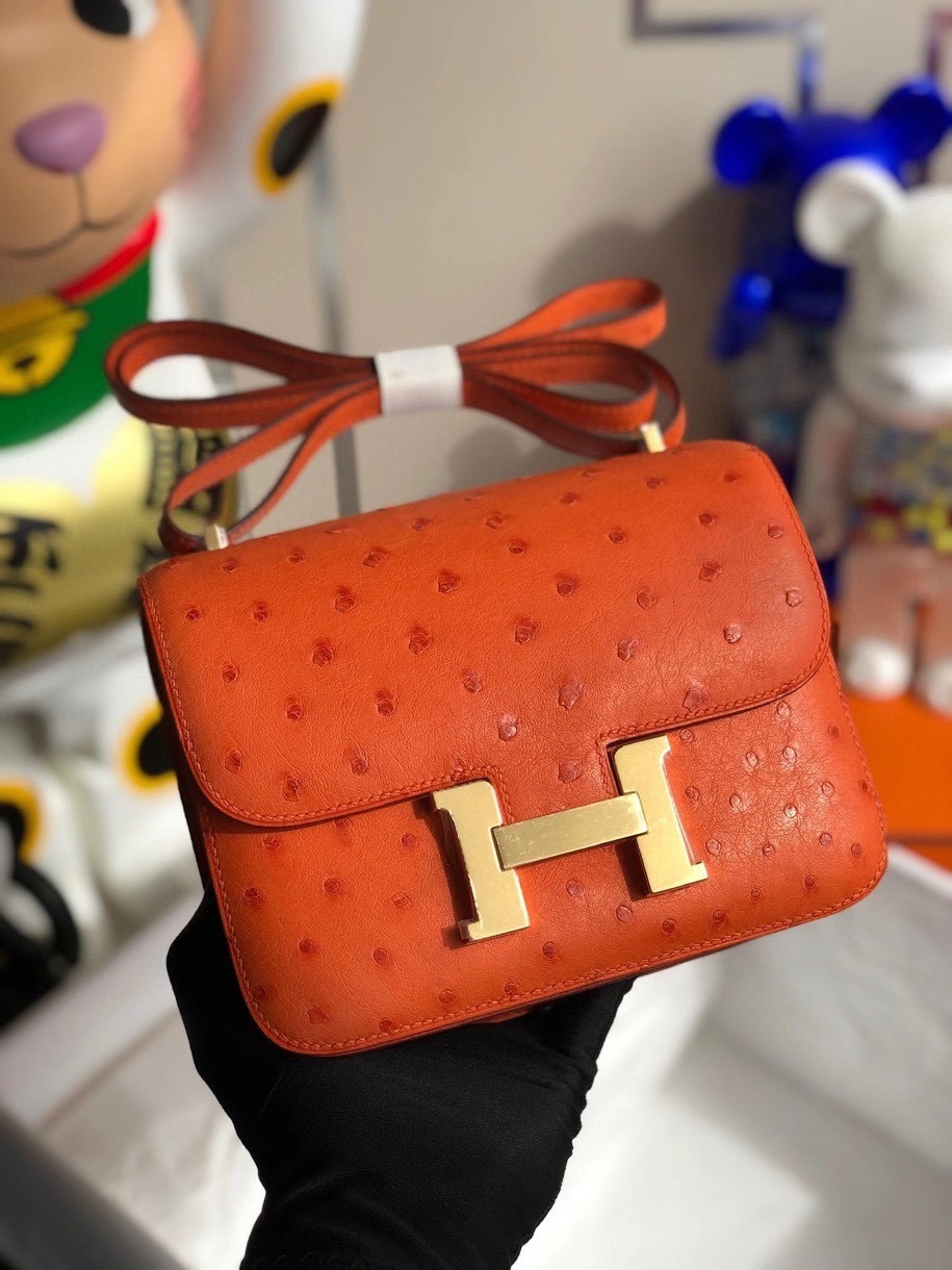 Hermès(爱马仕)Constance 18cm Ostrich kk 鸵鸟 93橙色 Orange 金扣 顶级手缝 现货-拉尔森鳄鱼皮具定制 - 爱马仕包包官网 Hermès(爱马仕)Constance 18cm Ostrich kk 鸵鸟 93橙色 Orange 金扣 顶级手缝 现货