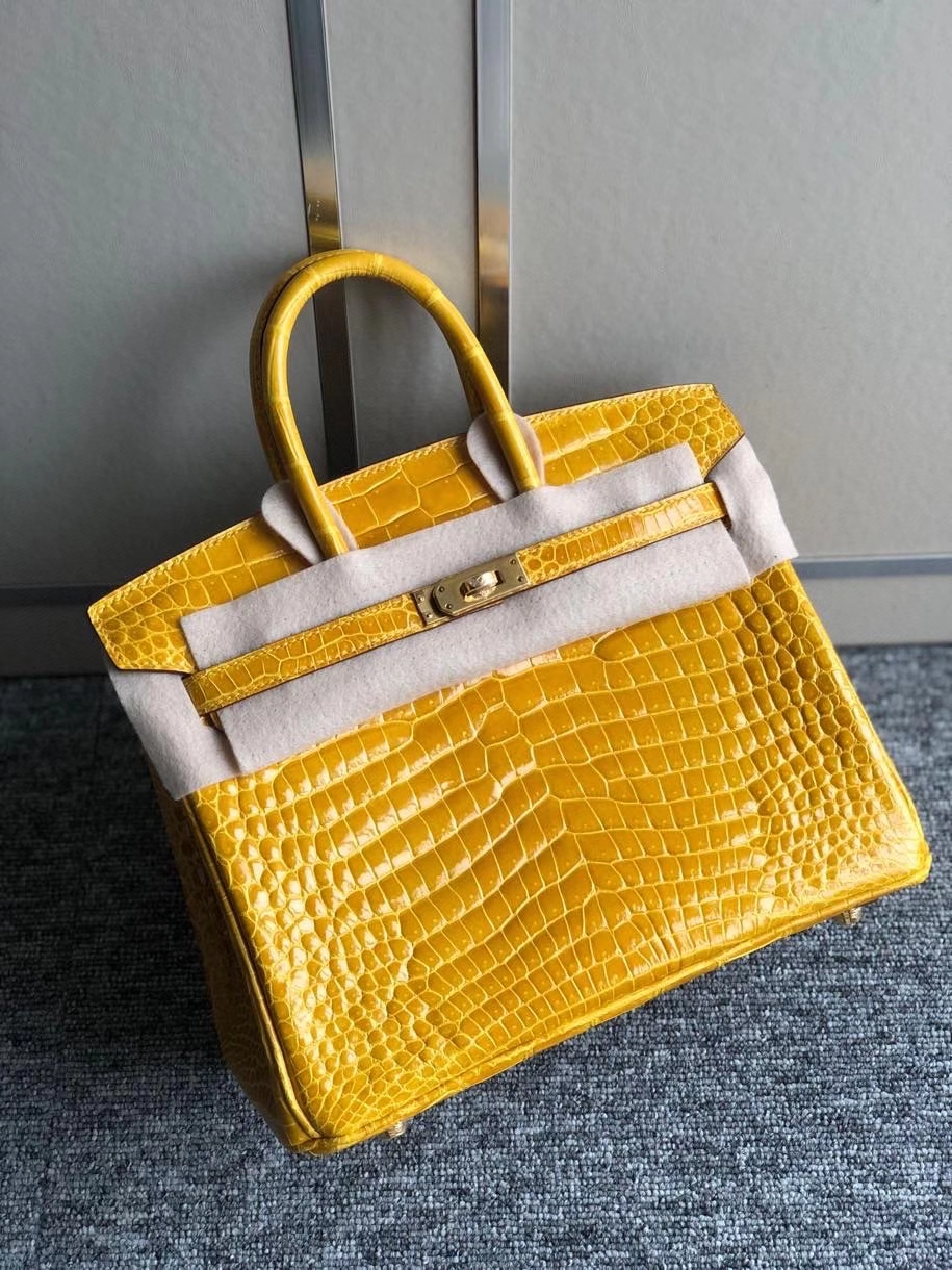 Hermès（爱马仕）Birkin 25cm Porosus shiny 亮面澳洲湾鳄 9Ｄ 琥珀黄 Ambre 金扣 顶级手缝 现货
