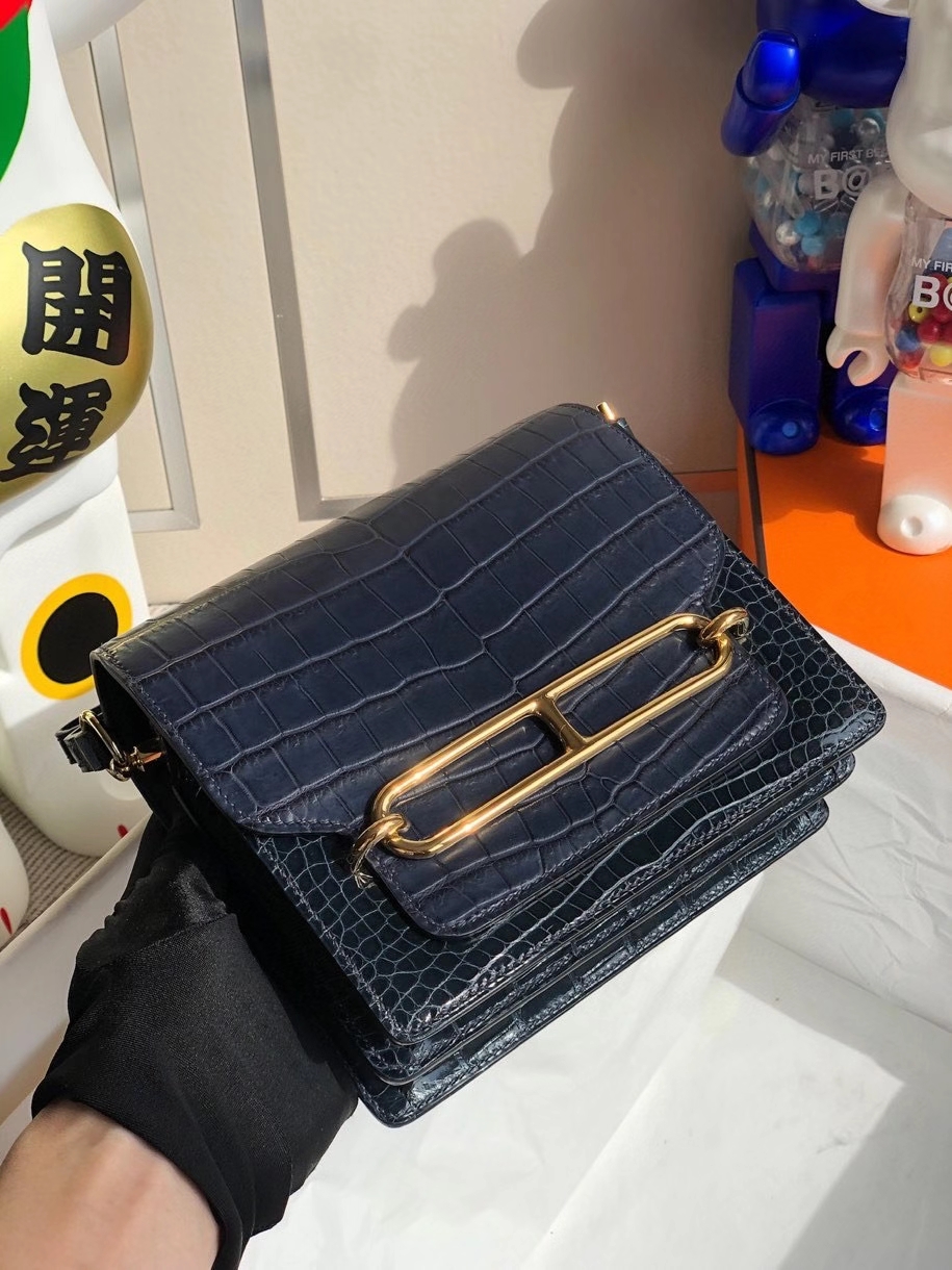 Hermès（爱马仕）Roulis 18cm Alligator  宝石蓝拼马耳他蓝 金扣 顶级手缝 现货