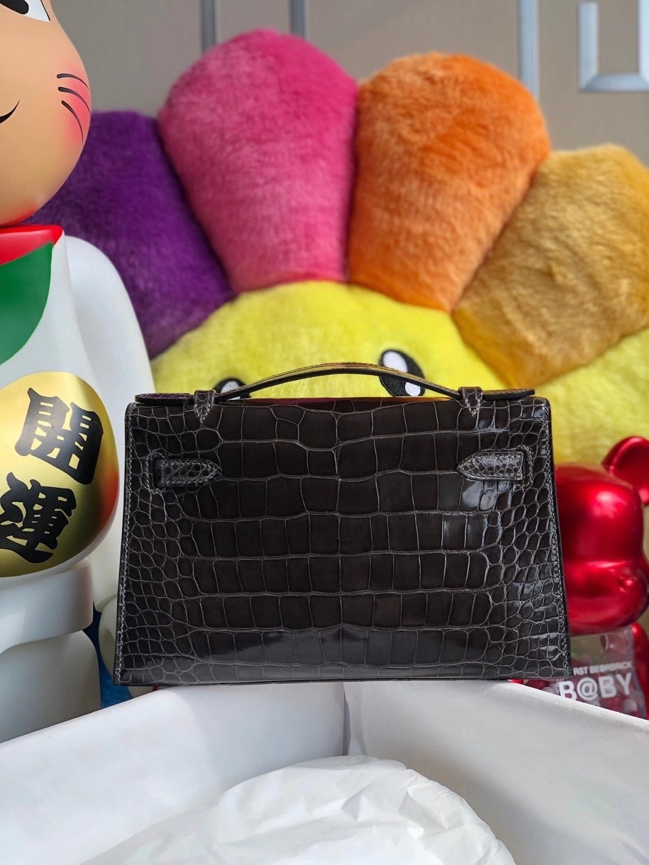 Hermès（爱马仕）Mini kelly pochette 22cm Alligator shiny 亮面鳄鱼 ck88 石墨灰 graphite 金扣 晚宴包 顶级手缝 现货