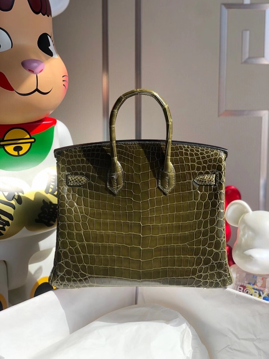 Hermès（爱马仕）Birkin 25cm Crocodile shiny 亮面鳄鱼 C6 深橄榄绿 银扣 顶级手缝 品相完美 现货