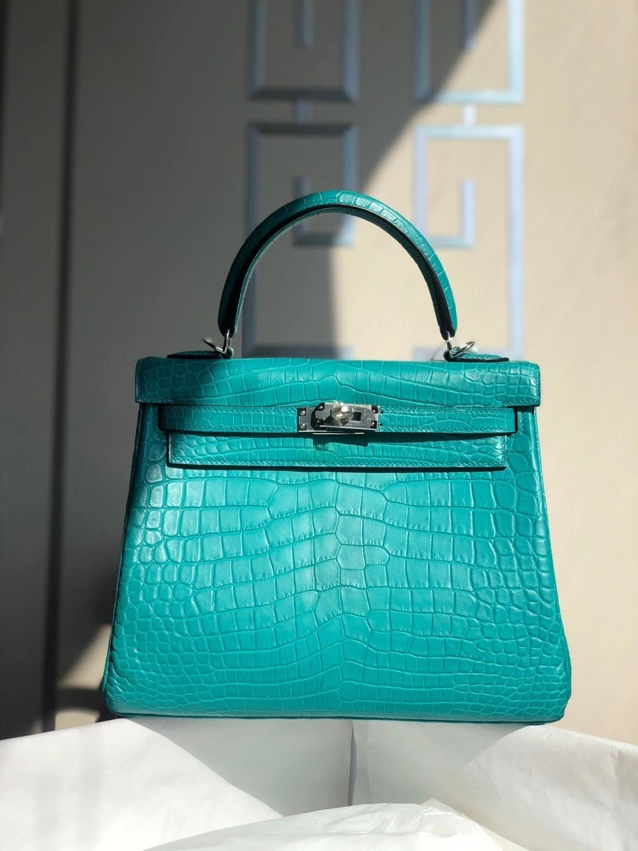 Hermès（爱马仕）Kelly 25cm Crocodile matt 雾面鳄鱼 7F孔雀蓝 银扣 顶级手缝 现货