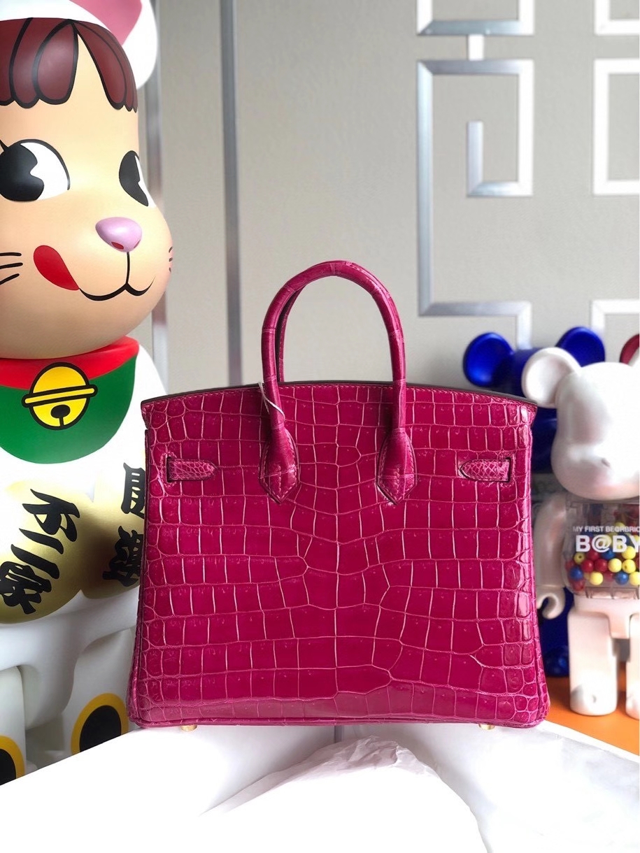 Hermès（爱马仕）Birkin 25cm Porosus shiny 亮面澳洲鳄鱼 E5 桃红 金扣 顶级手缝 现货