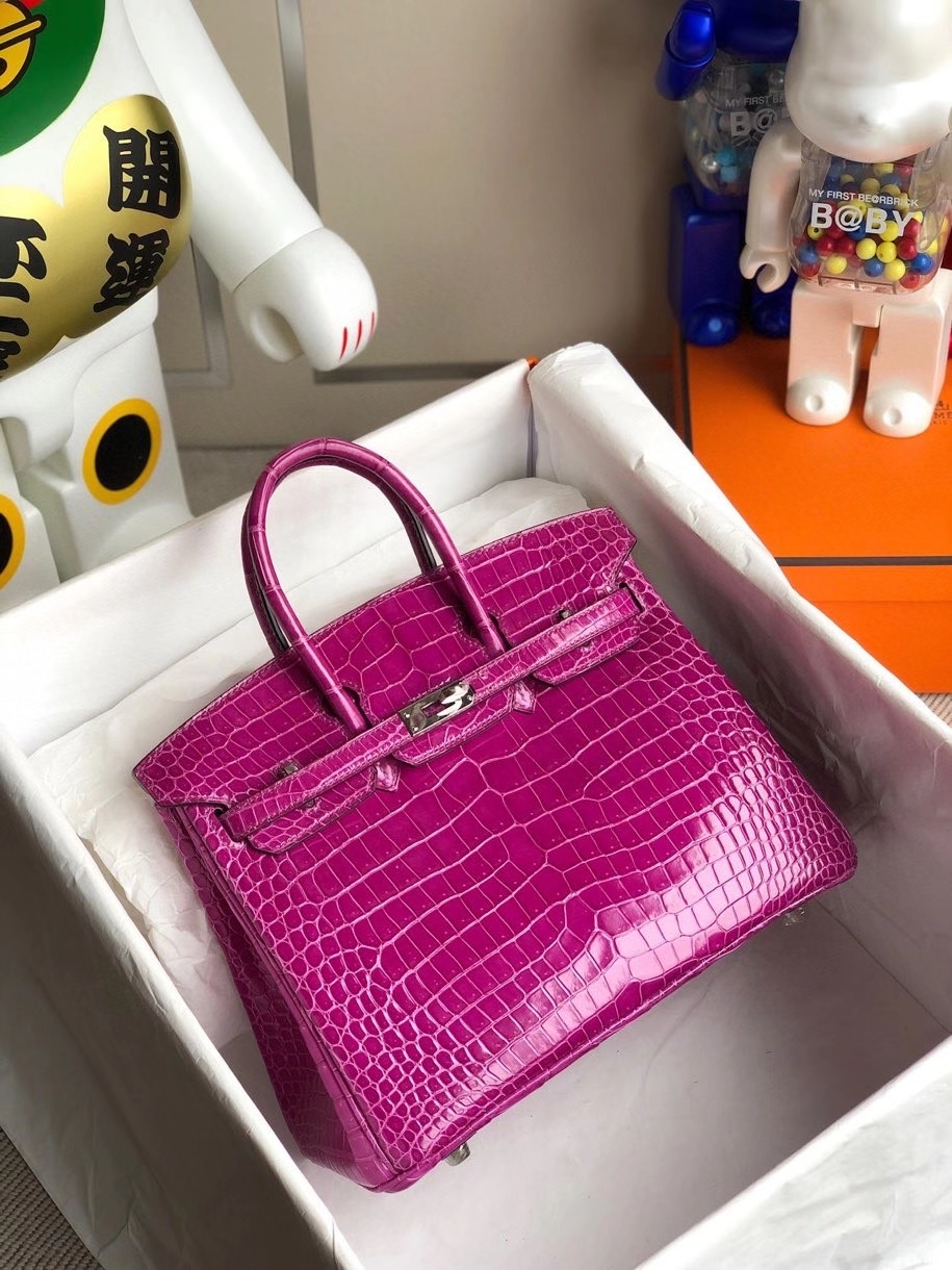 Hermès（爱马仕）Birkin 25cm Porosus shiny 亮面澳洲鳄鱼 L3玫瑰紫 rose purple 银扣 顶级手缝 现货