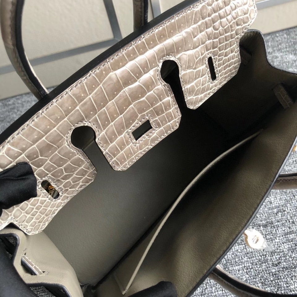 Hermès（爱马仕）Birkin 25cm Porosus shiny 亮面澳洲湾鳄 Ck81 斑鸠灰 Gris T 金扣 顶级手缝 现货