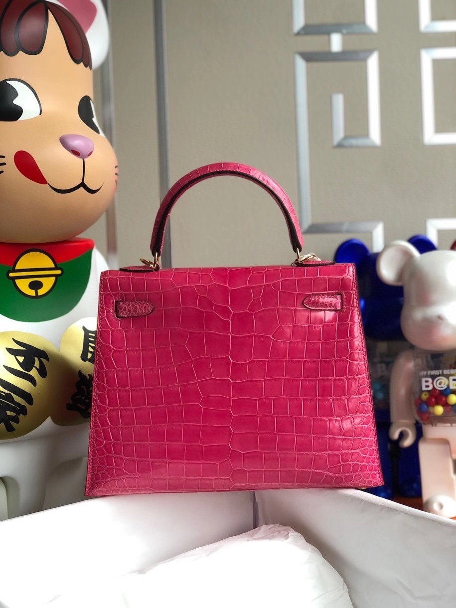 Hermès（爱马仕）Kelly 25cm Porosus shiny 亮面澳洲鳄鱼 5J 桃粉 金扣 顶级手缝 现货
