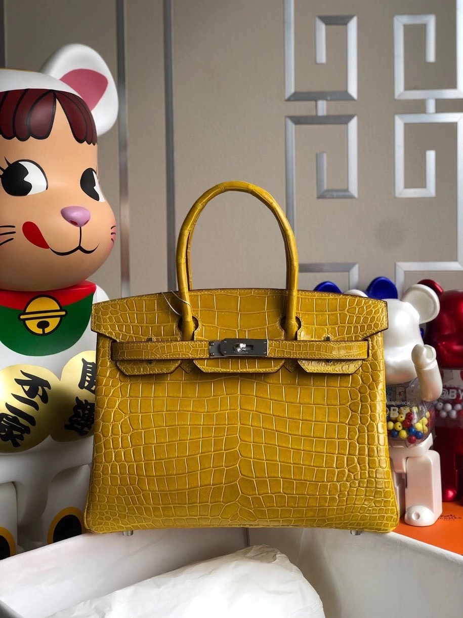 Hermès（爱马仕）Birkin 30cm Porosus shiny 亮面澳洲湾鳄9Ｄ 琥珀黄 Ambre 金扣 银扣 顶级手缝 现货