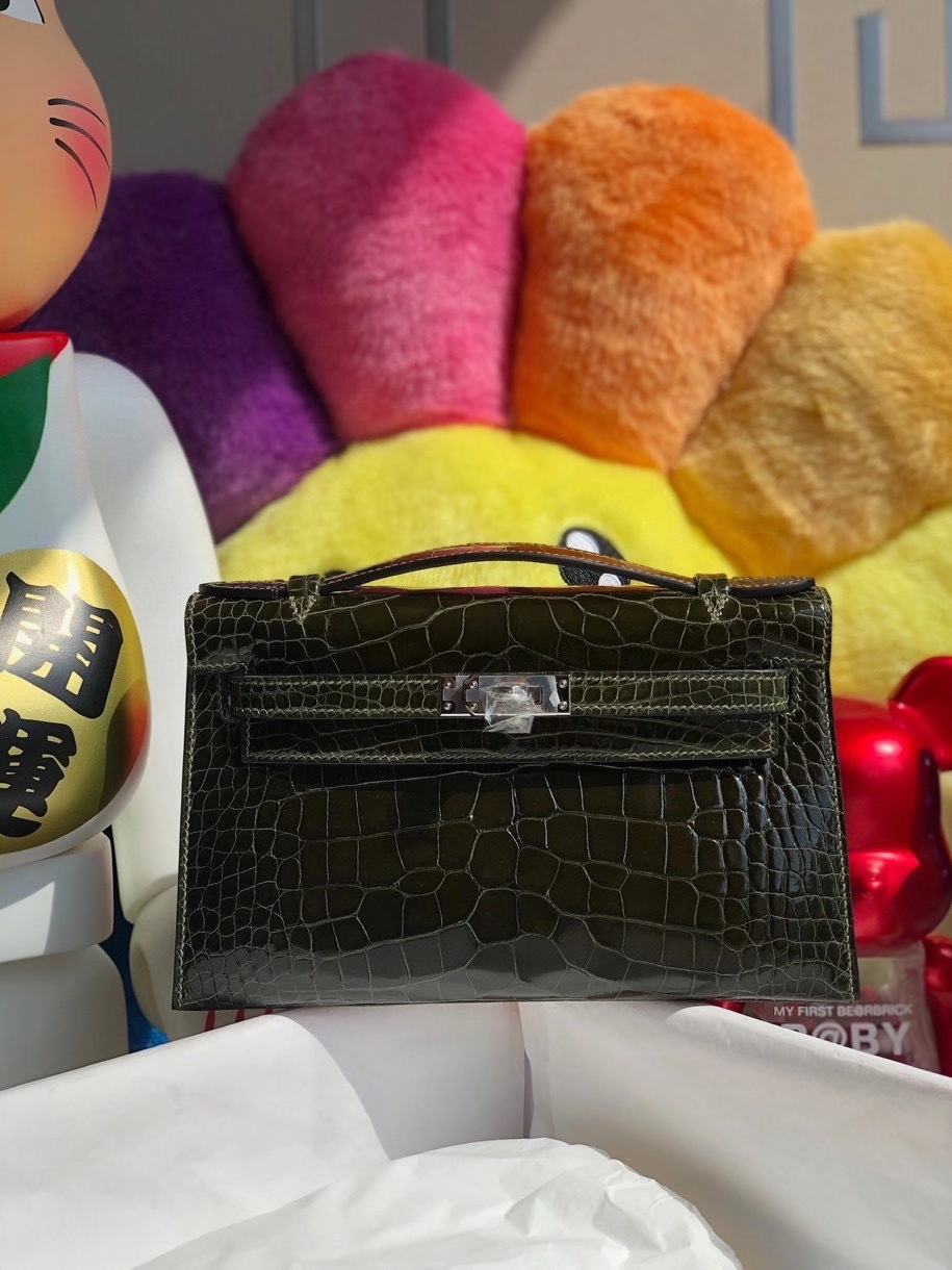 Hermès（爱马仕）Mini kelly pochette 22cm Alligator shiny 亮面鳄鱼 6H 橄榄绿 银扣 顶级手缝 晚宴包 现货