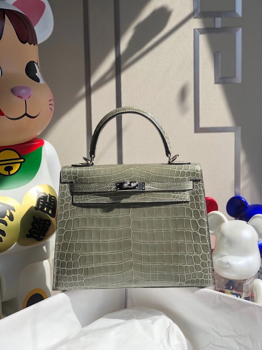 Hermès（爱马仕）Kelly 25cm Crocodile shiny 亮面鳄鱼 ck81 斑鸠灰 Gris T 银扣 顶级手缝 现货