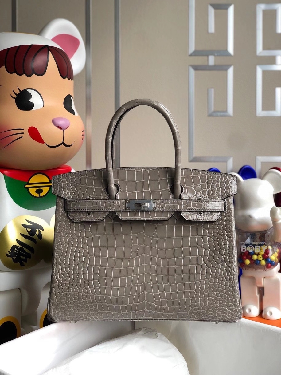 Hermès（爱马仕）Birkin 30cm Porosus shiny 亮面澳洲湾鳄 ck81 斑鸠灰 Gris T 银扣 顶级手缝 现货