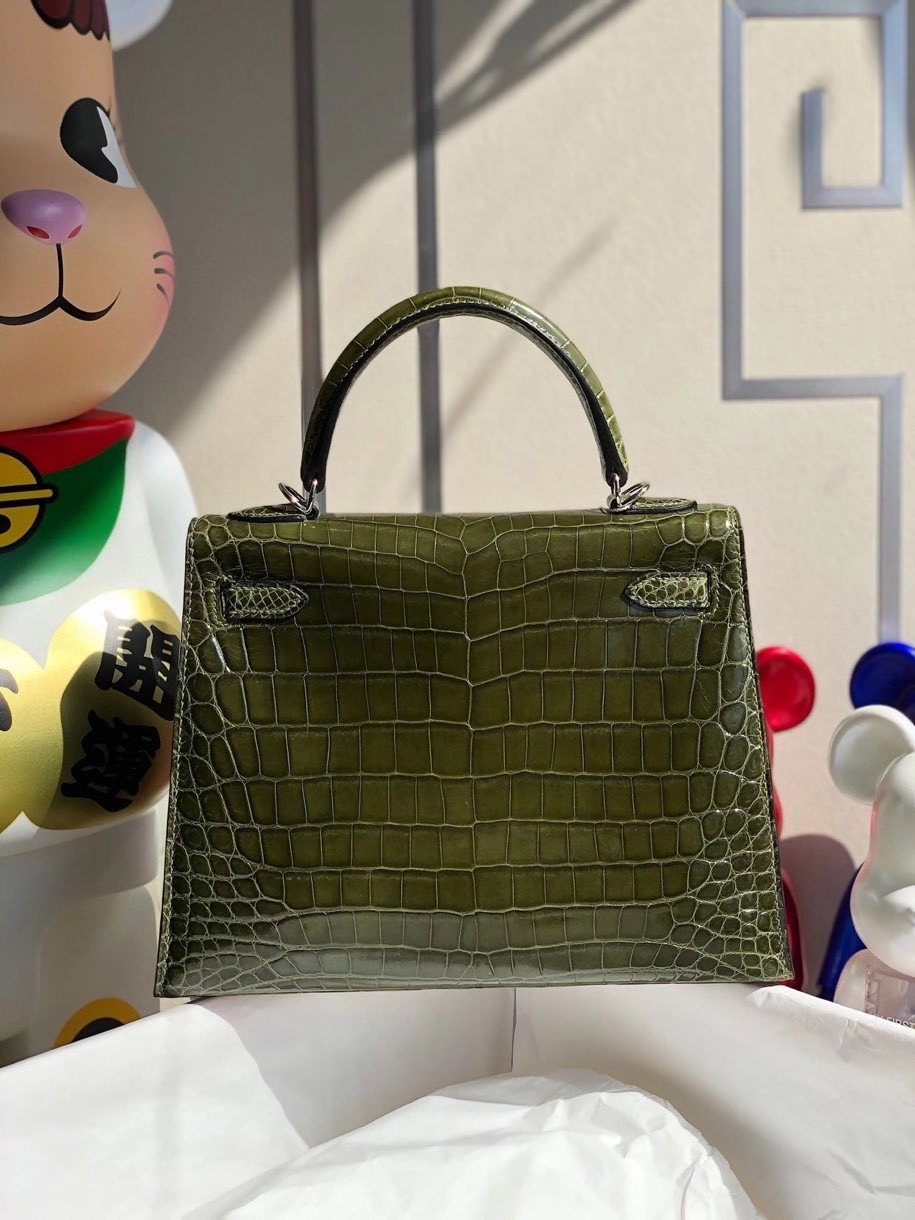 Hermès（爱马仕）Kelly 25cm Crocodile shiny 亮面鳄鱼 6H 橄榄绿 银扣 顶级手缝 现货