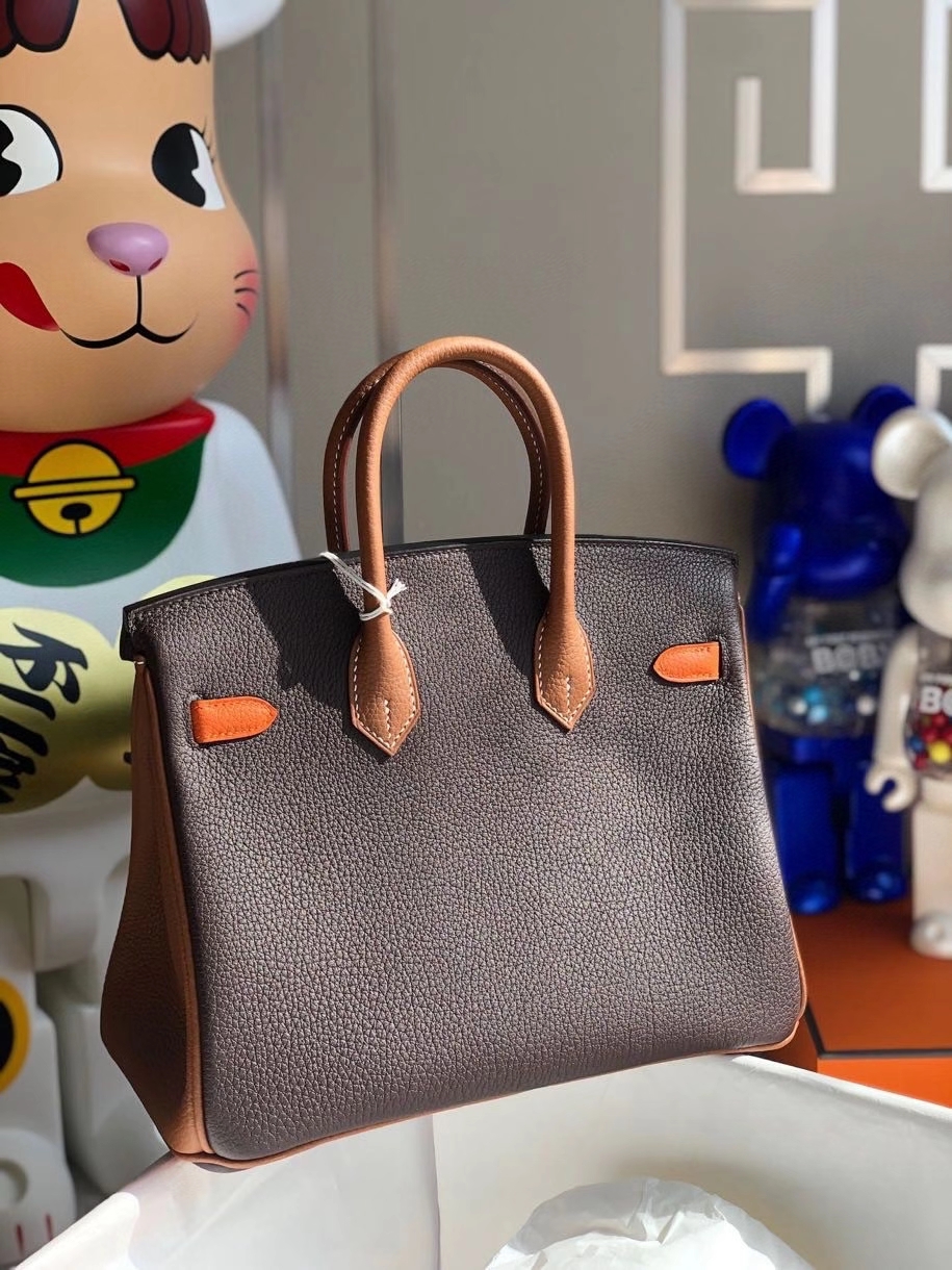 Hermès（爱马仕）Birkin 25cm togo 原厂小牛皮  巧克力色拼橙色拼金棕 金扣 马蹄印 顶级手缝