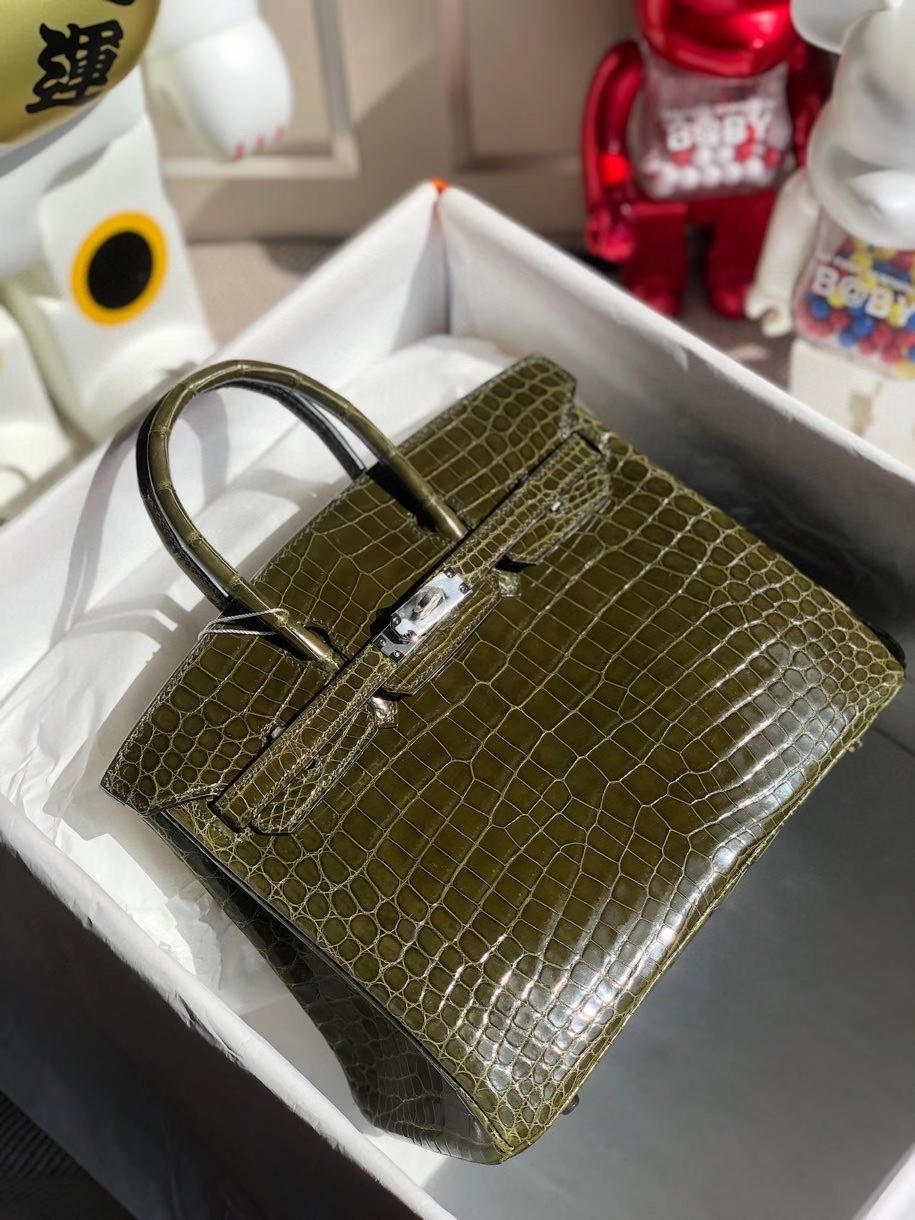 Hermès（爱马仕）Birkin 25cm Crocodile shiny 亮面鳄鱼 C6 深橄榄绿 银扣 顶级手缝 品相完美 现货