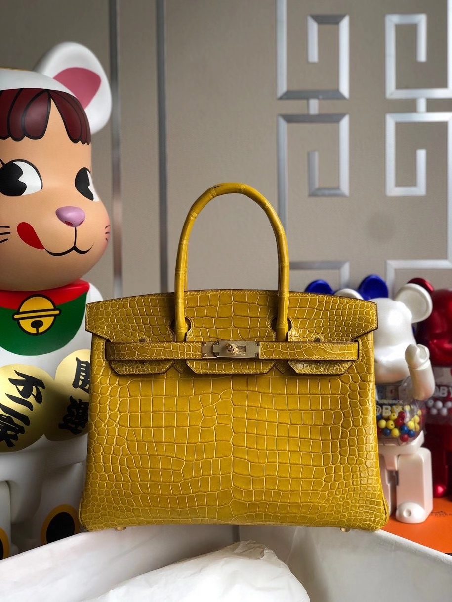 Hermès（爱马仕）Birkin 30cm Porosus shiny 亮面澳洲湾鳄9Ｄ 琥珀黄 Ambre 金扣 银扣 顶级手缝 现货