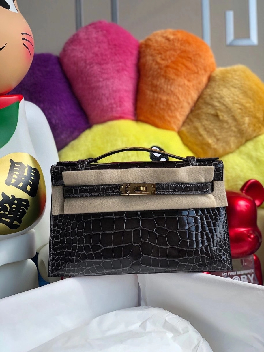 Hermès（爱马仕）Mini kelly pochette 22cm Alligator shiny 亮面鳄鱼 ck88 石墨灰 graphite 金扣 晚宴包 顶级手缝 现货