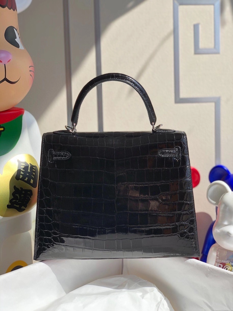 Hermès（爱马仕）Kelly 25cm Crocodile shiny 亮面鳄鱼 ck89 黑色 Noir 银扣 顶级手缝 现货