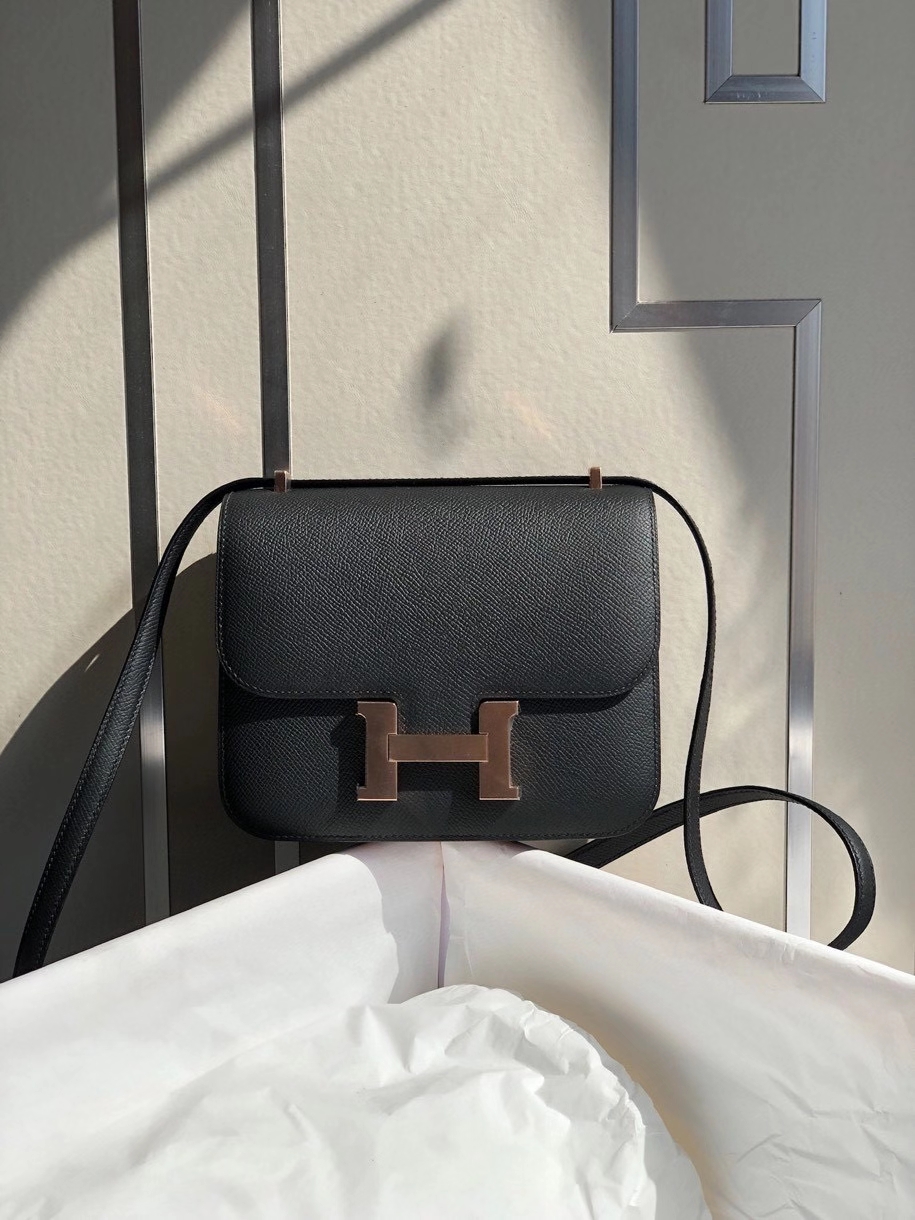 Hermès（爱马仕）Constance 18cm Epsom 原厂掌纹皮  ck89 黑色 Noir 玫瑰金扣 顶级手缝 现货