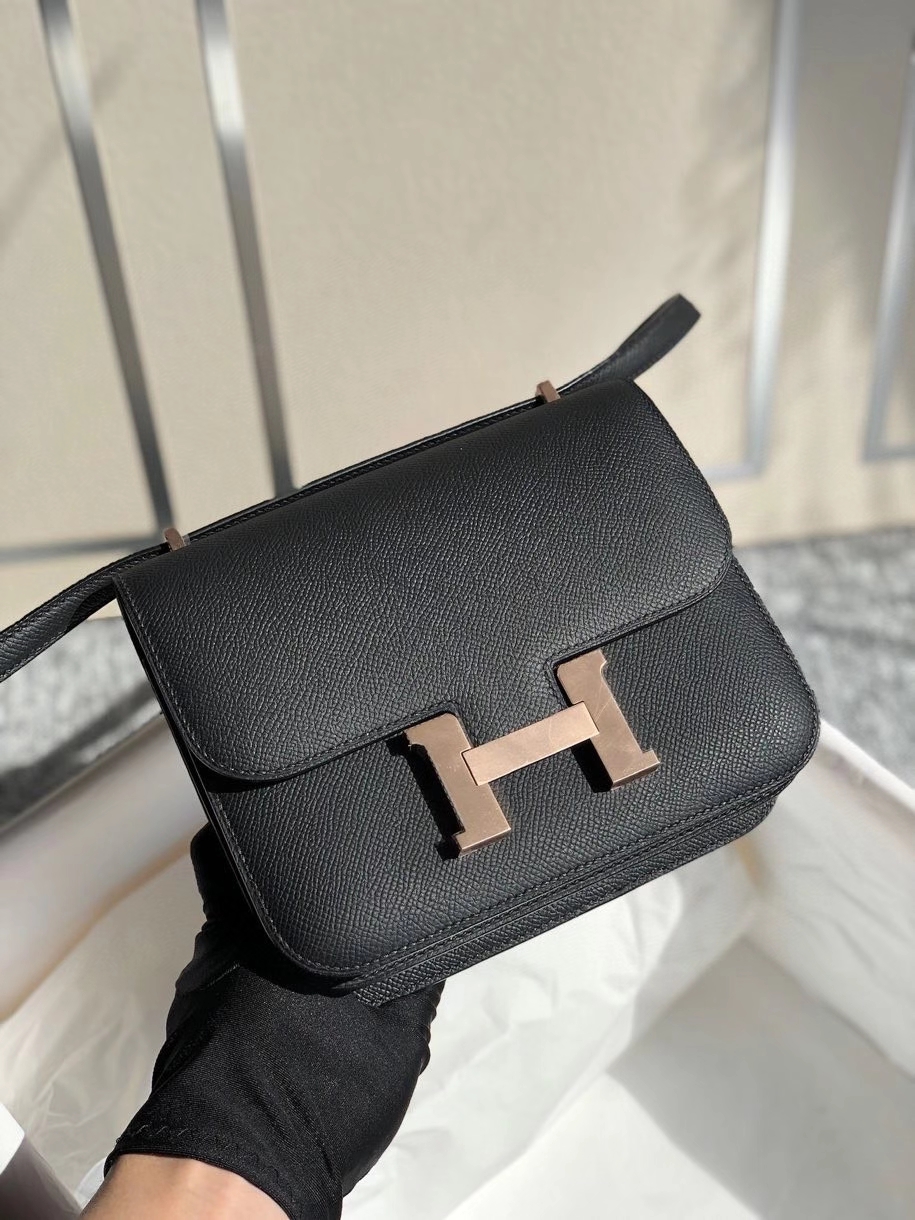 Hermès（爱马仕）Constance 18cm Epsom 原厂掌纹皮  ck89 黑色 Noir 玫瑰金扣 顶级手缝 现货