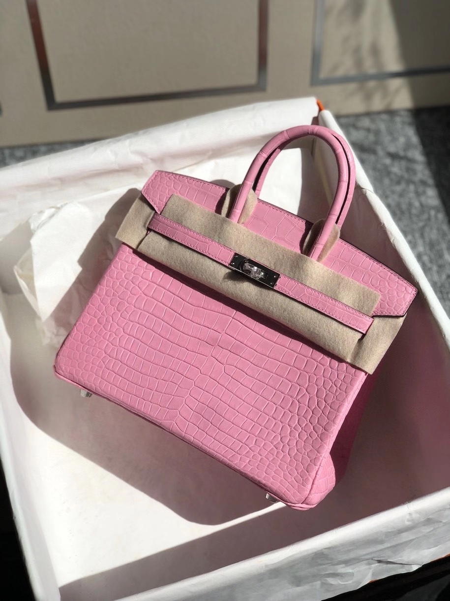 Hermès（爱马仕）Birkin 25cm Porosus matt 雾面澳洲湾鳄  5p 樱花粉 银扣 顶级手缝 品相完美 现货