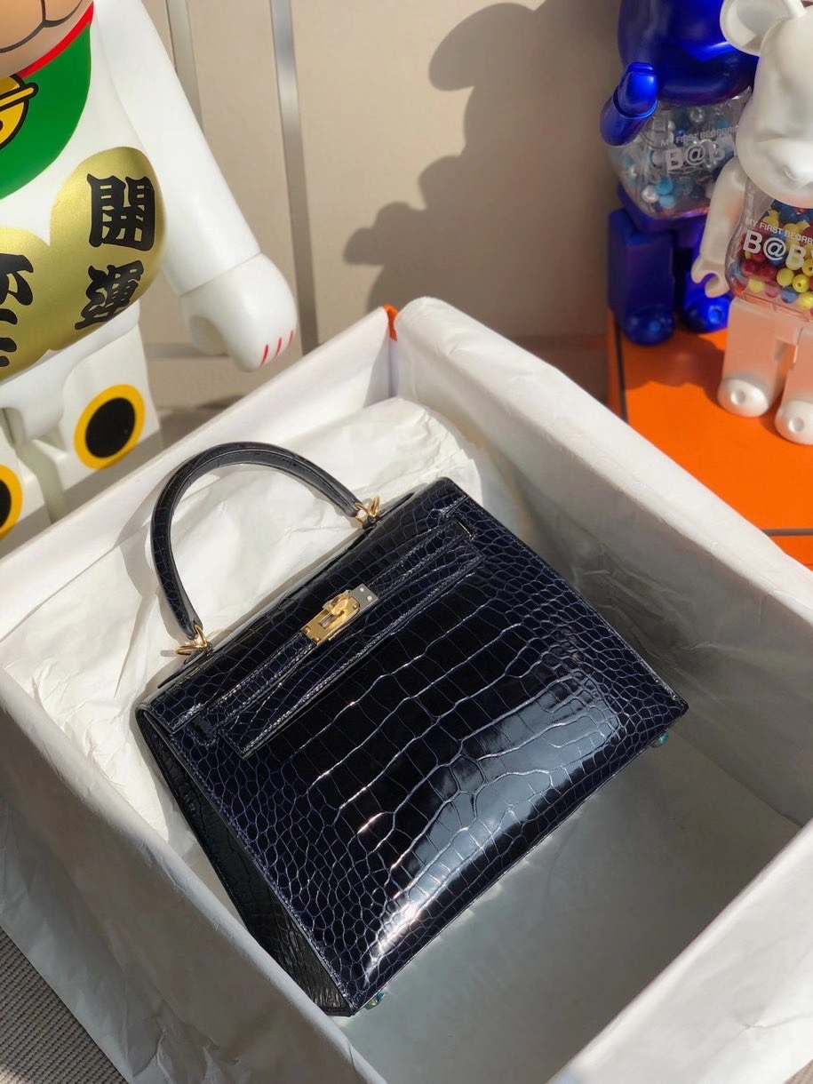 Hermès（爱马仕）Kelly 25cm Alligator shiny 亮面鳄鱼7k 宝石蓝 金扣 顶级手缝  现货