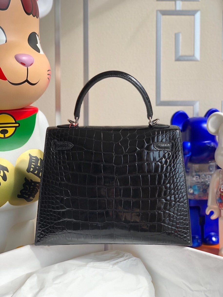 Hermès（爱马仕）Kelly 25cm Alligator shiny 亮面鳄鱼 ck89黑色 Noir 银扣 顶级手缝  现货