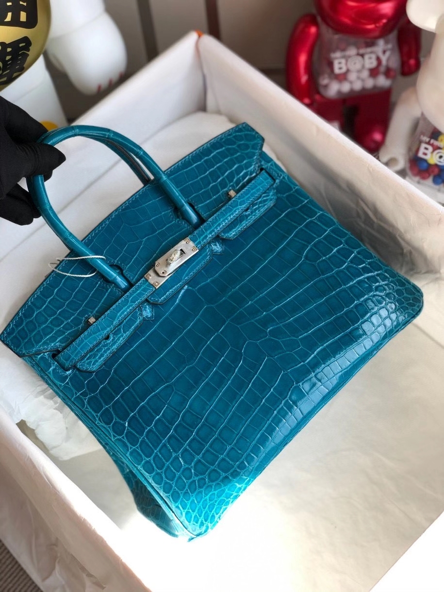 Hermès（爱马仕）Birkin 25cm Crocodile shiny 亮面鳄鱼 7w伊兹密尔蓝 银扣 顶级手缝 品相完美 现货