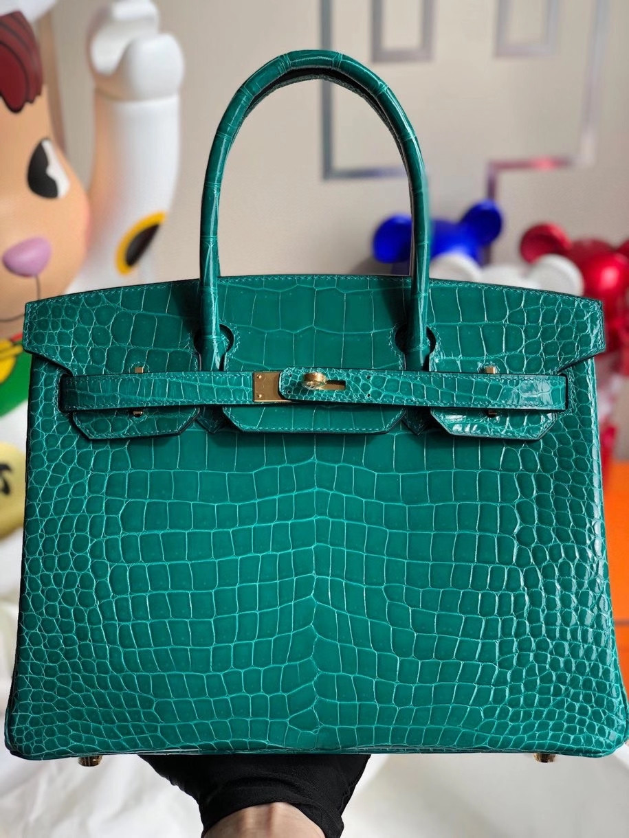 Hermès（爱马仕）Birkin 30cm Porosus shiny 亮面澳洲湾鳄 6Ｑ 翡翠绿 金扣 顶级手缝 品相完美 现货