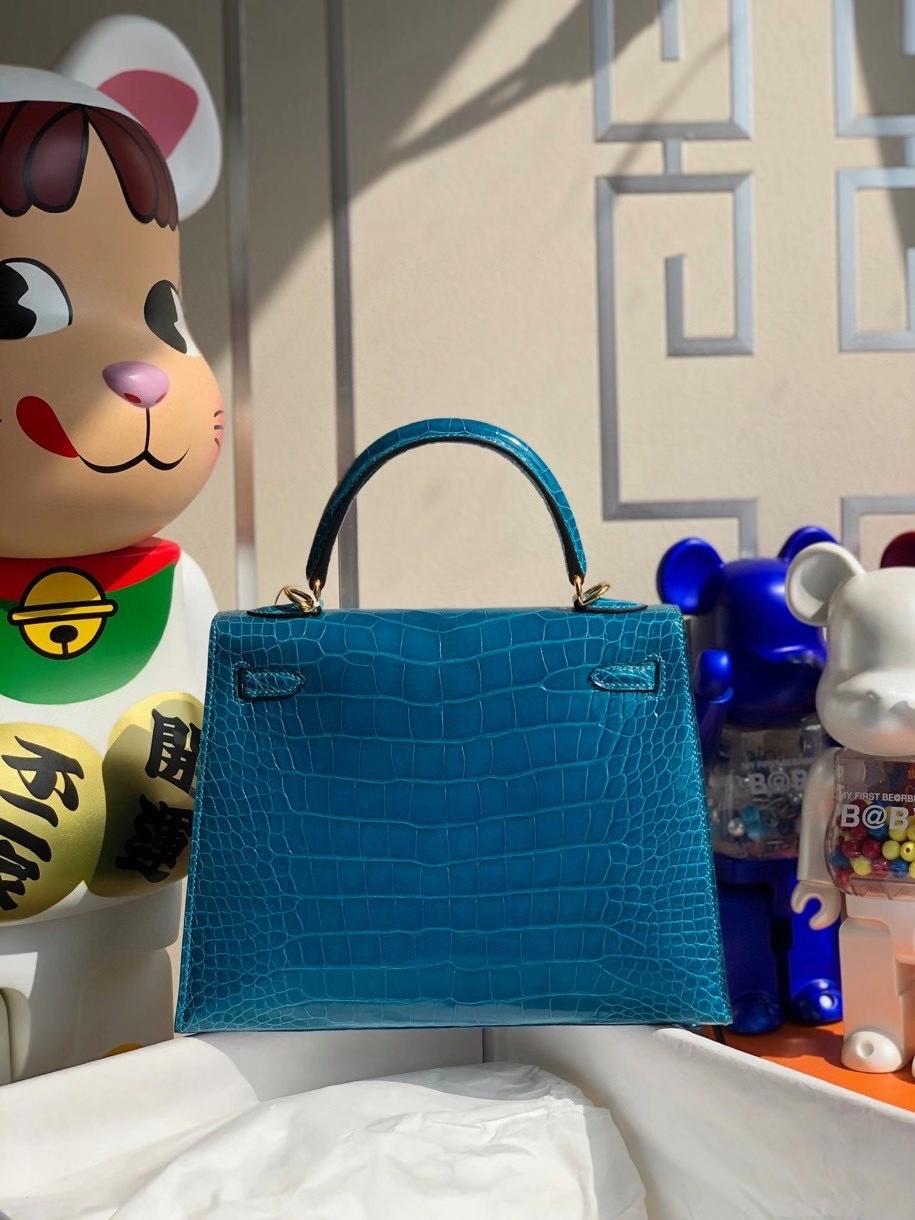 Hermès（爱马仕）Kelly 25cm Porosus shiny 亮面澳洲湾鳄 7Ｑ希腊蓝 Mykonos 金扣 顶级手缝 现货