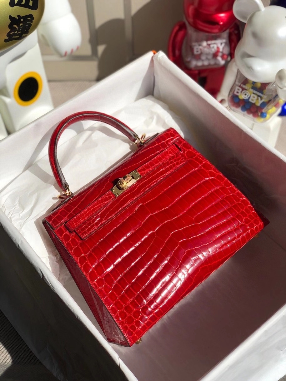 Hermès（爱马仕）Kelly 25cm Crocodile shiny 亮面鳄鱼  ck95 法拉利红 金扣 顶级手缝 现货