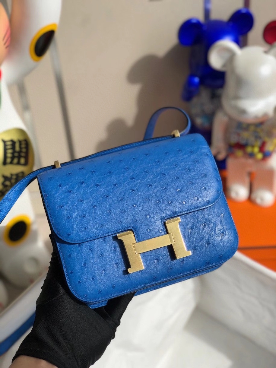Hermès（爱马仕）Constance 18cm Ostrich kk 鸵鸟 7Ｑ 希腊蓝 金扣 顶级手缝 现货