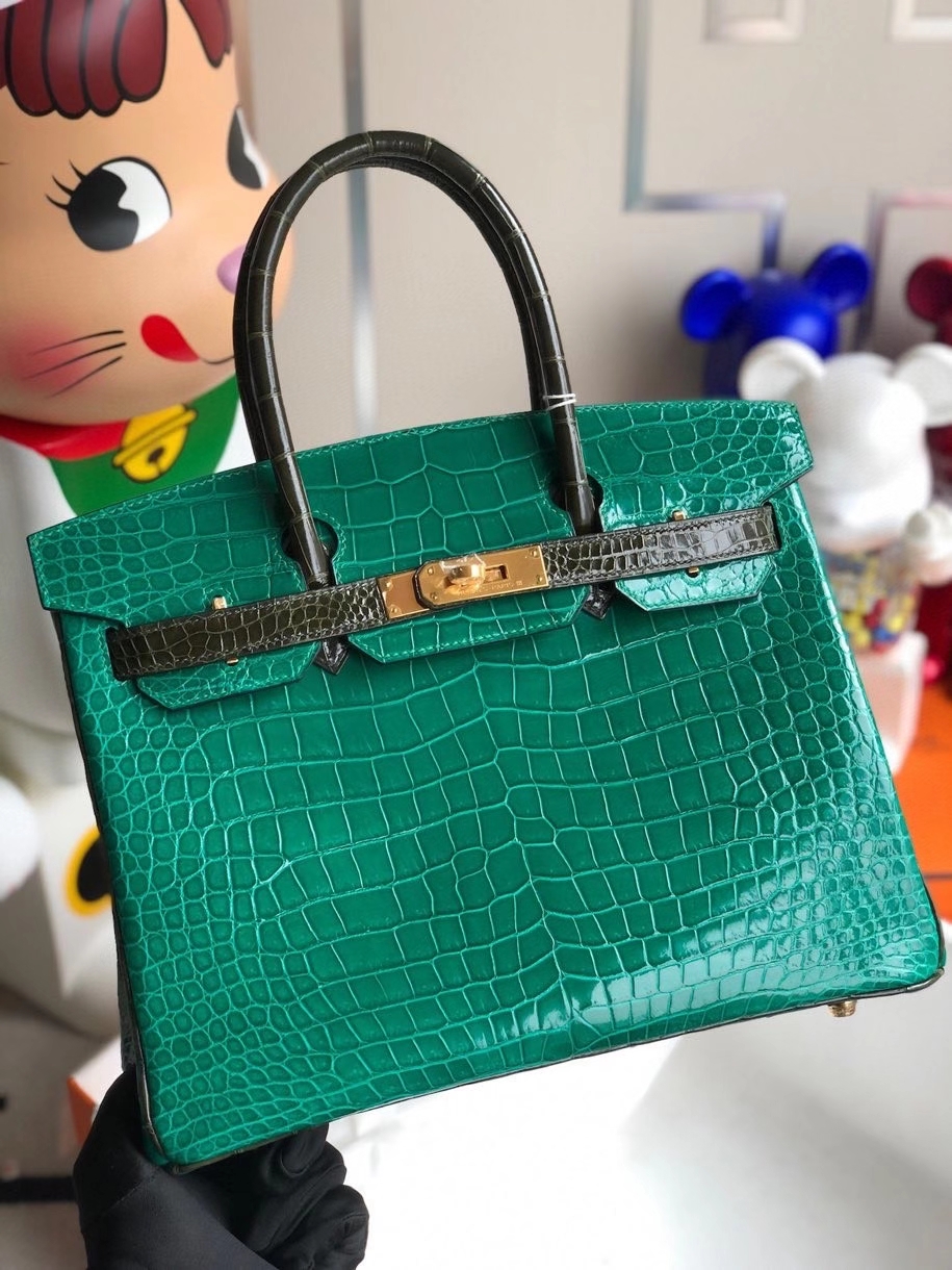 Hermès（爱马仕）Birkin 30cm Porosus shiny 亮面澳洲湾鳄 6Q翡翠绿 拼 v6 橄榄绿 金扣 马蹄印 顶级手缝 现货