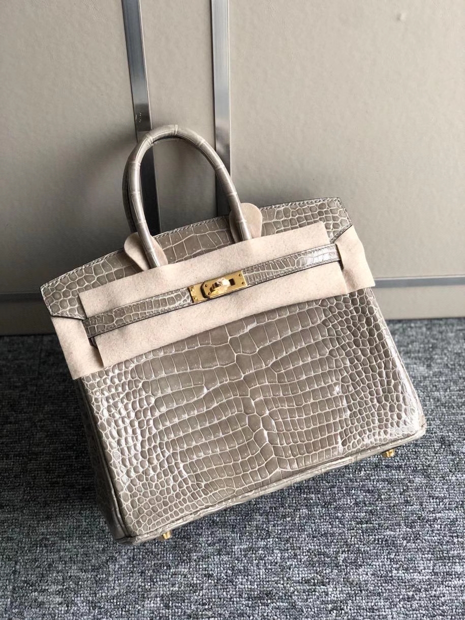 Hermès（爱马仕）Birkin 25cm Porosus shiny 亮面澳洲湾鳄 Ck81 斑鸠灰 Gris T 金扣 顶级手缝 现货