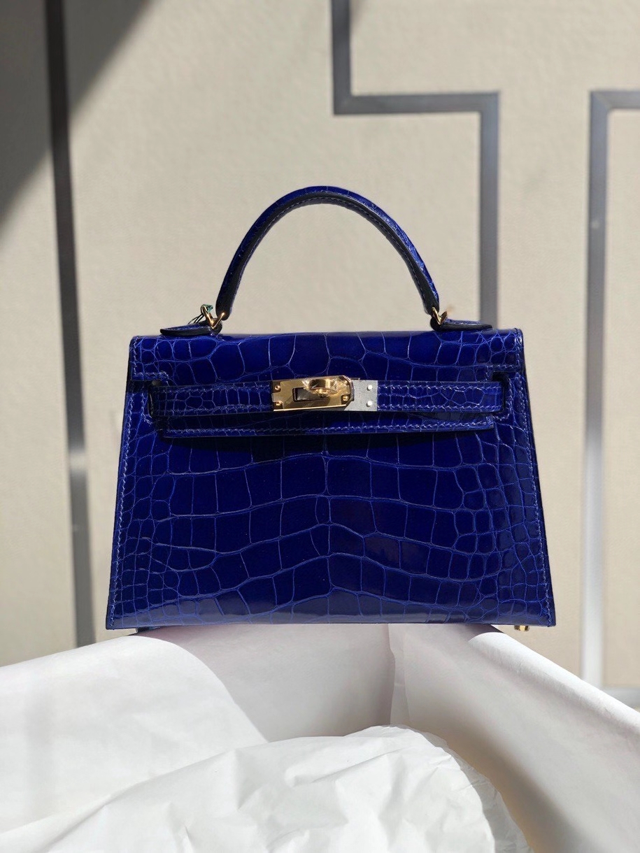 Hermès（爱马仕）Mini kelly ll alligator shiny 亮面鳄鱼 7T电光蓝 金扣 顶级手缝 小可爱 现货