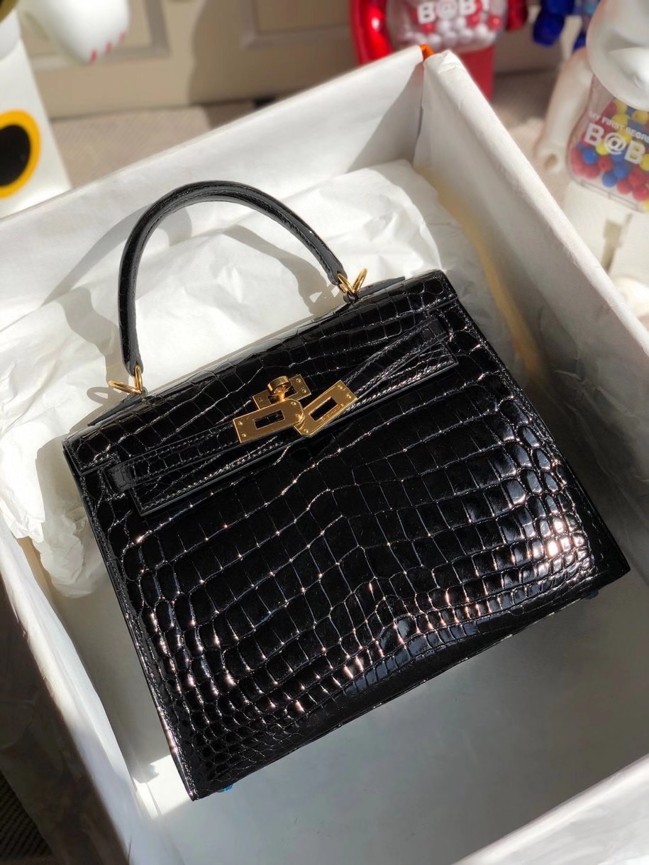Hermès（爱马仕）Kelly 25cm Crocodile shiny 亮面鳄鱼 ck89 黑色 Noir  金扣 顶级手缝 拱珠现货